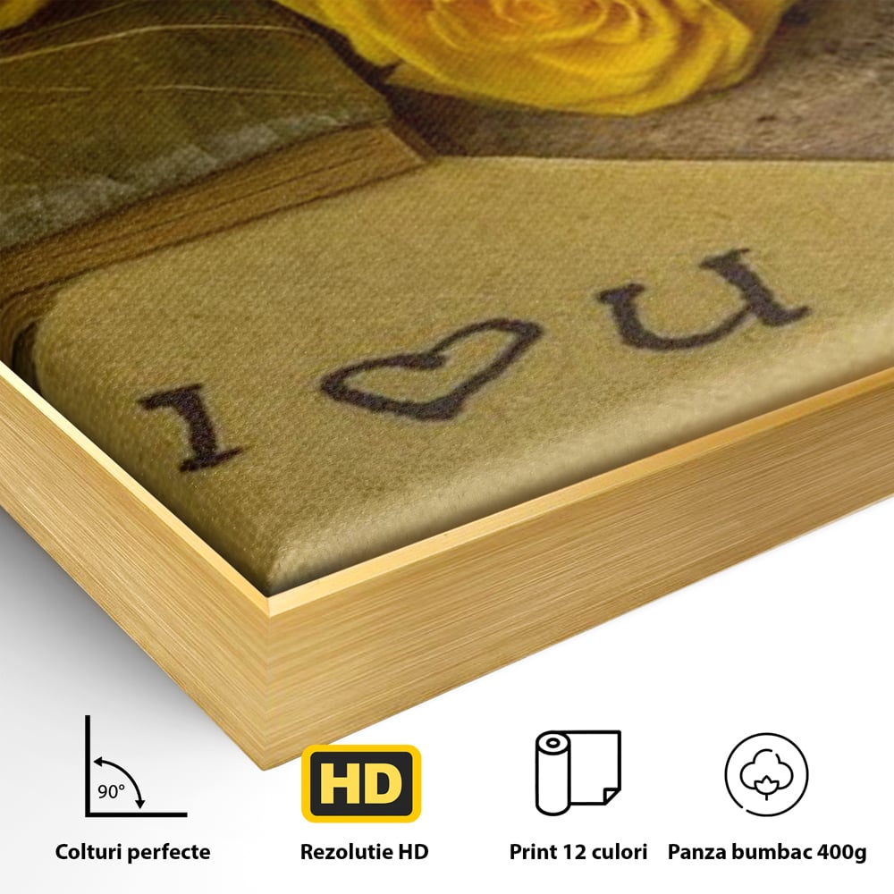Detaliu al suprafetei: tablou canvas cu trandafiri galbeni si jurnal, in rama de aluminiu auriu